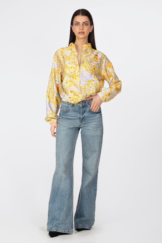 Bomber en seda estampado italiano en oro y lila - Kūpa